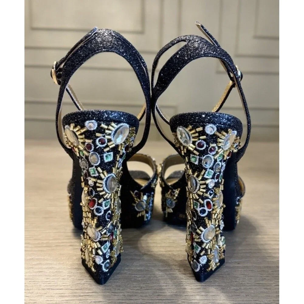 GIANNI BINI Black Gold Embellished Platform Heels Glam Party. Sizes 6.5 , 7 , 8
